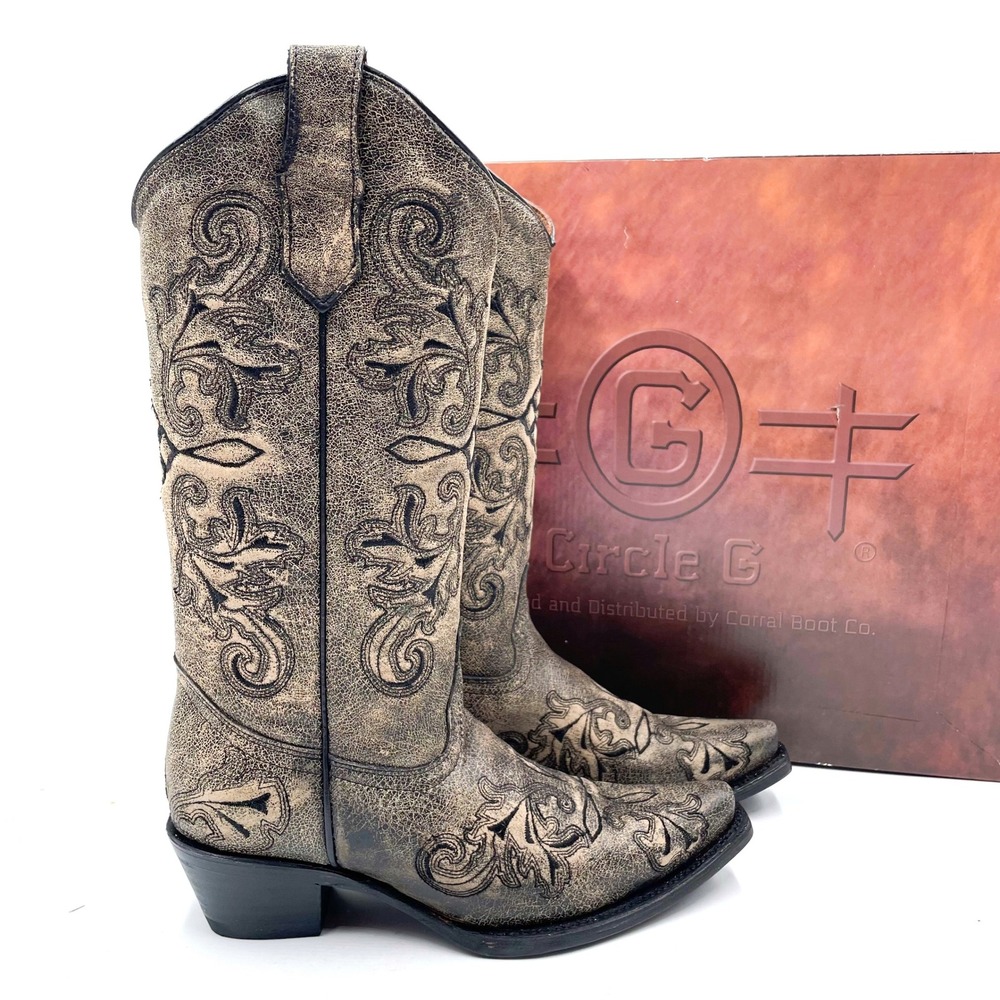 Corral Circle G Western Cowboy Boots Distressed Bone‎ Floral L6002 Sz 7.5